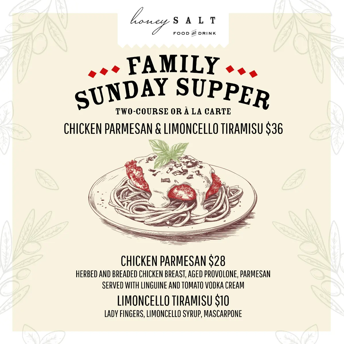 A Summerlin restaurant in Las Vegas offers a Family Sunday Supper special for , featuring chicken parmesan and limoncello tiramisu, plus detailed dish descriptions, prices, and a sketch of pasta with chicken and sauce.