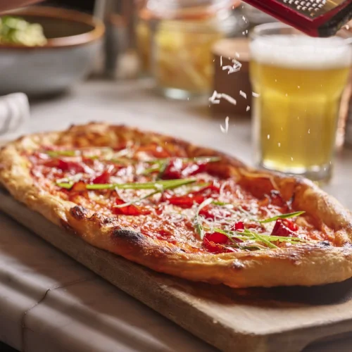 A rectangular pizza topped with parmesan and green herbs sits on a wooden board at Honey Salt restaurant Las Vegas.